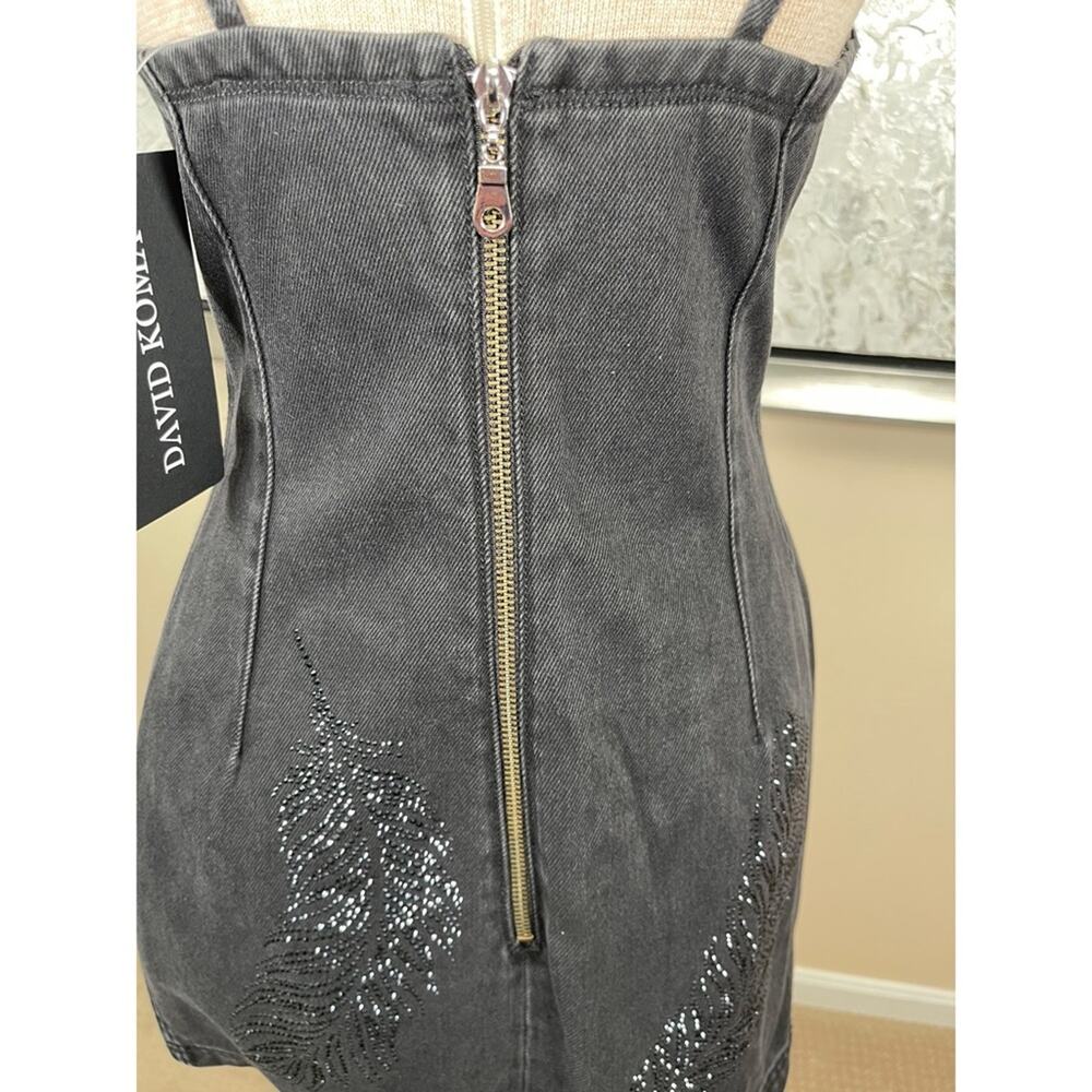 DAVID KOMA Rhinestone Feather Cami Sequin Embellished Denim Mini Dress Size 4 - Picture 5 of 8